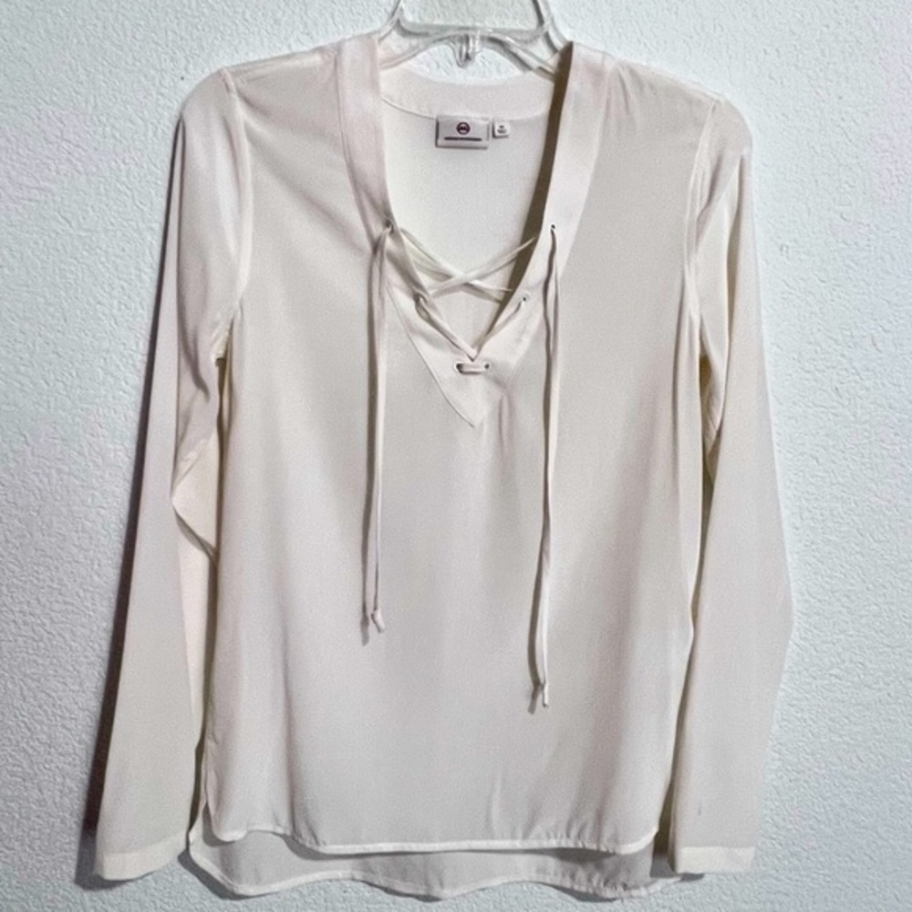 AG Adriano Goldschmied Silk Ivory Lace Up Neckline Blouse XS